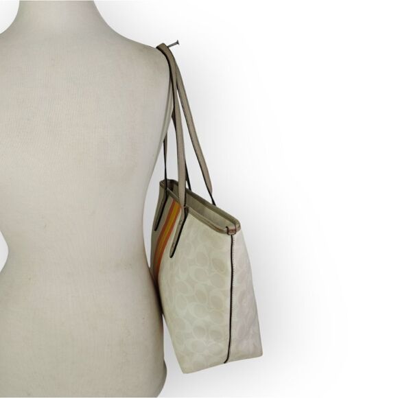 Coach Varsity Stripe City Zip Tote in Signature 38405 Silver/Chalk Orange Bag - Picture 3 of 13